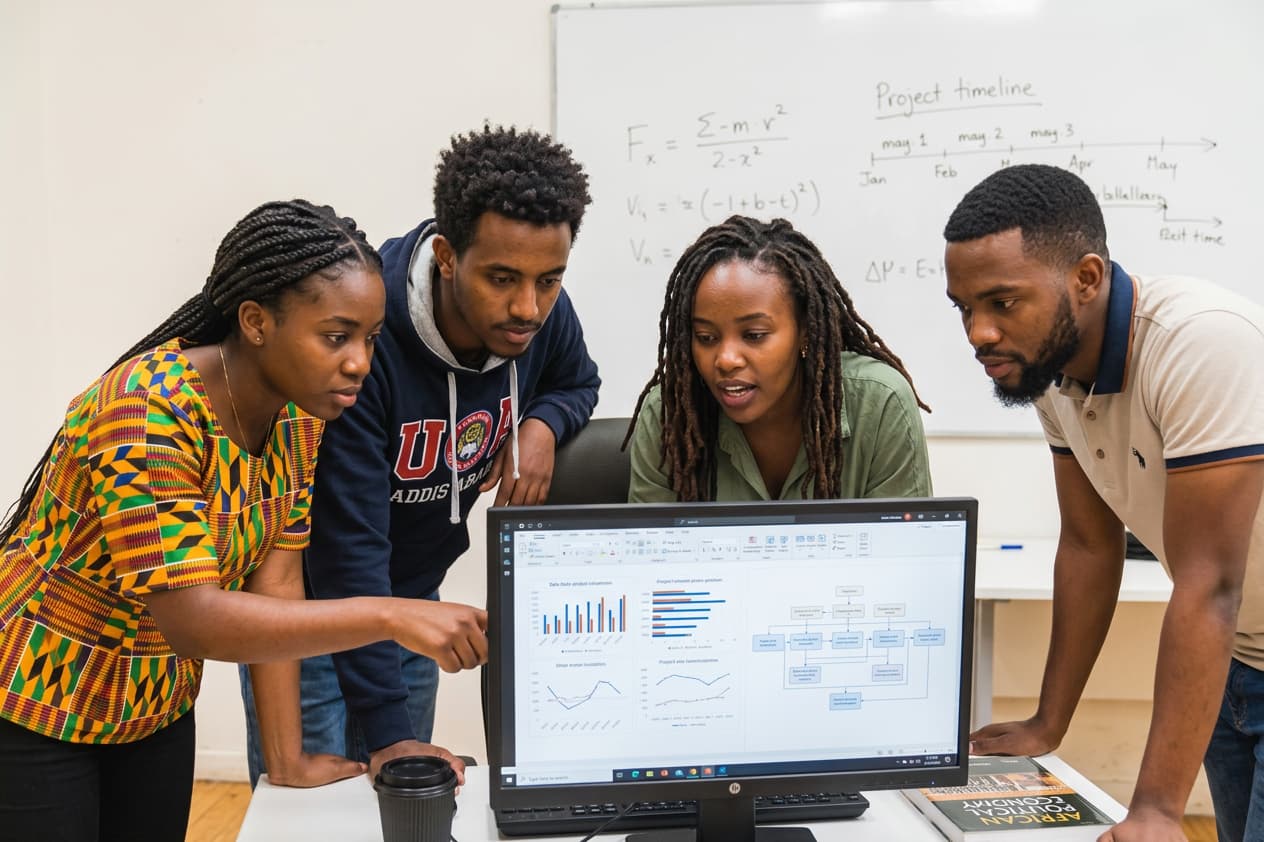 Étudiants travaillant ensemble avec IA